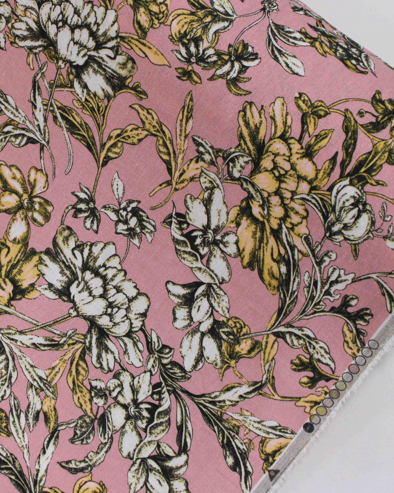 Tecido Linho Misto Estampado Ramos Florais Brando, Dourado e Rosé 