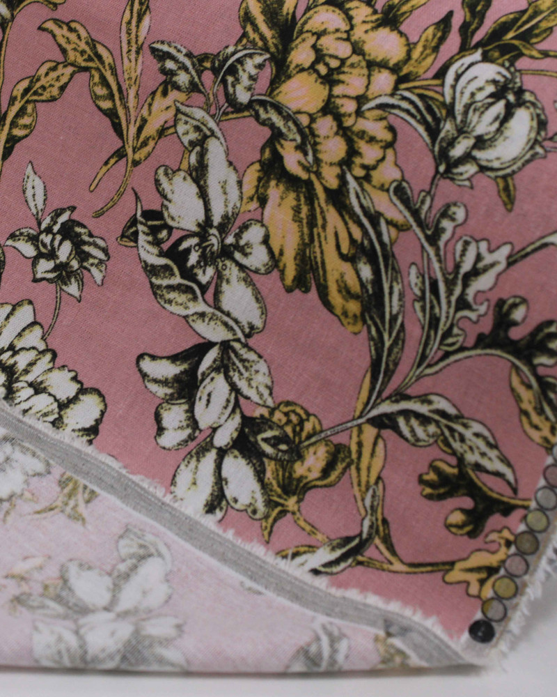 Tecido Linho Misto Estampado Ramos Florais Brando, Dourado e Rosé 