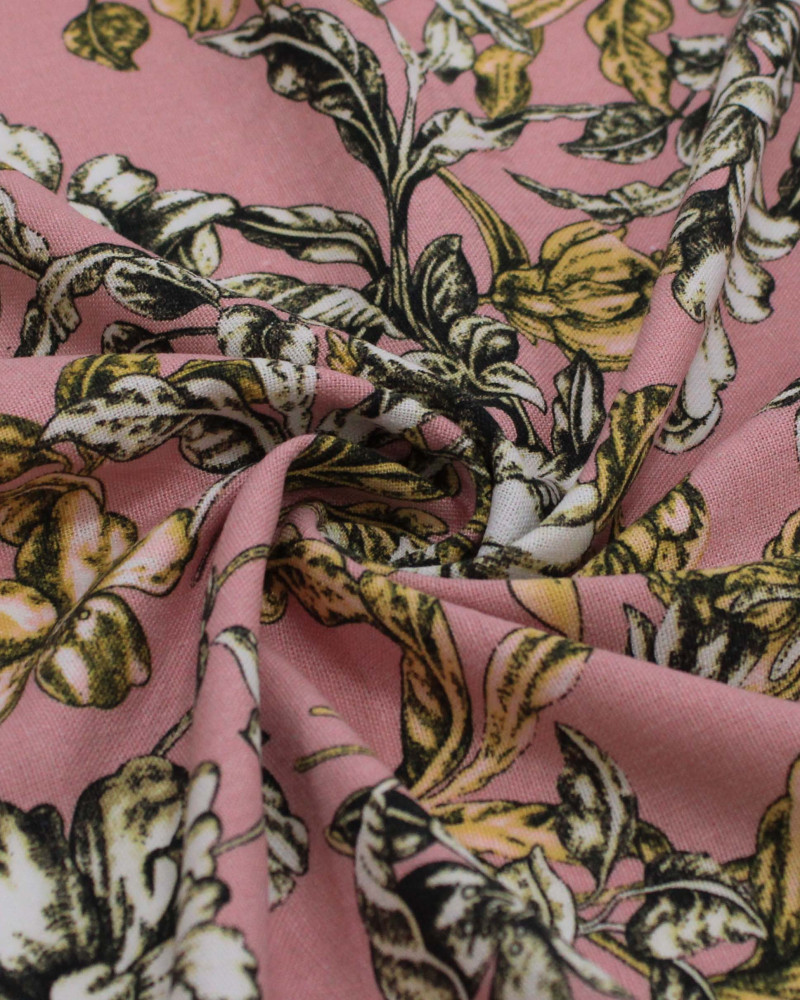 Tecido Linho Misto Estampado Ramos Florais Brando, Dourado e Rosé 