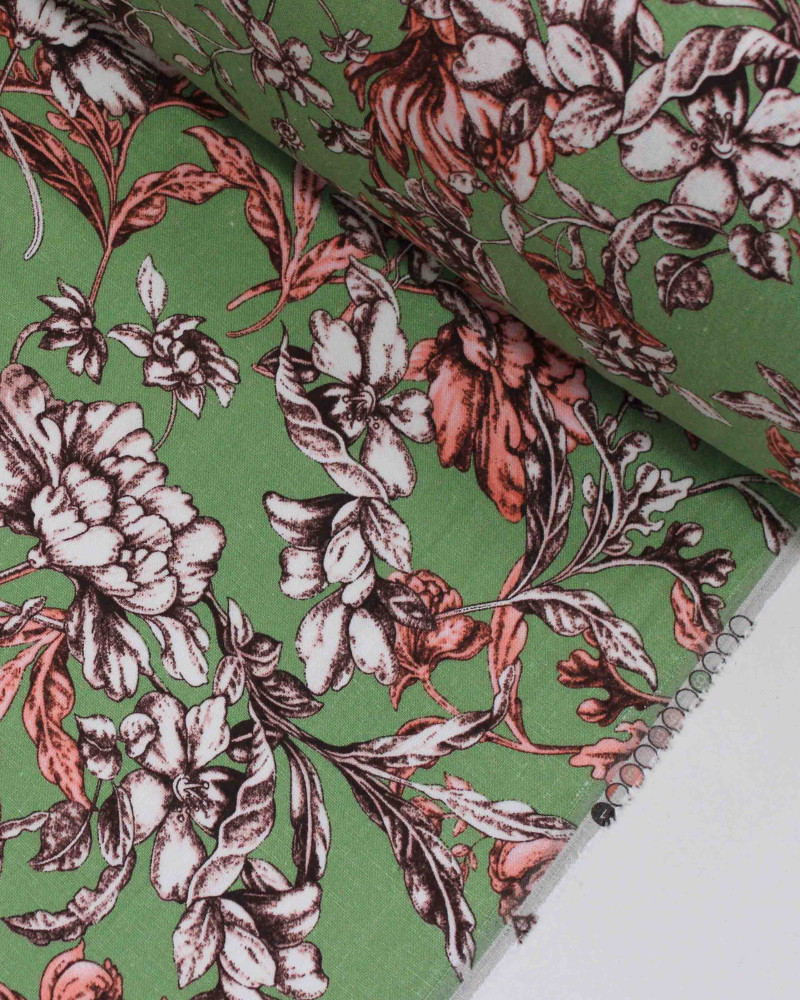 Tecido Linho Misto Estampado Ramos Florais Coral, Bege e Verde