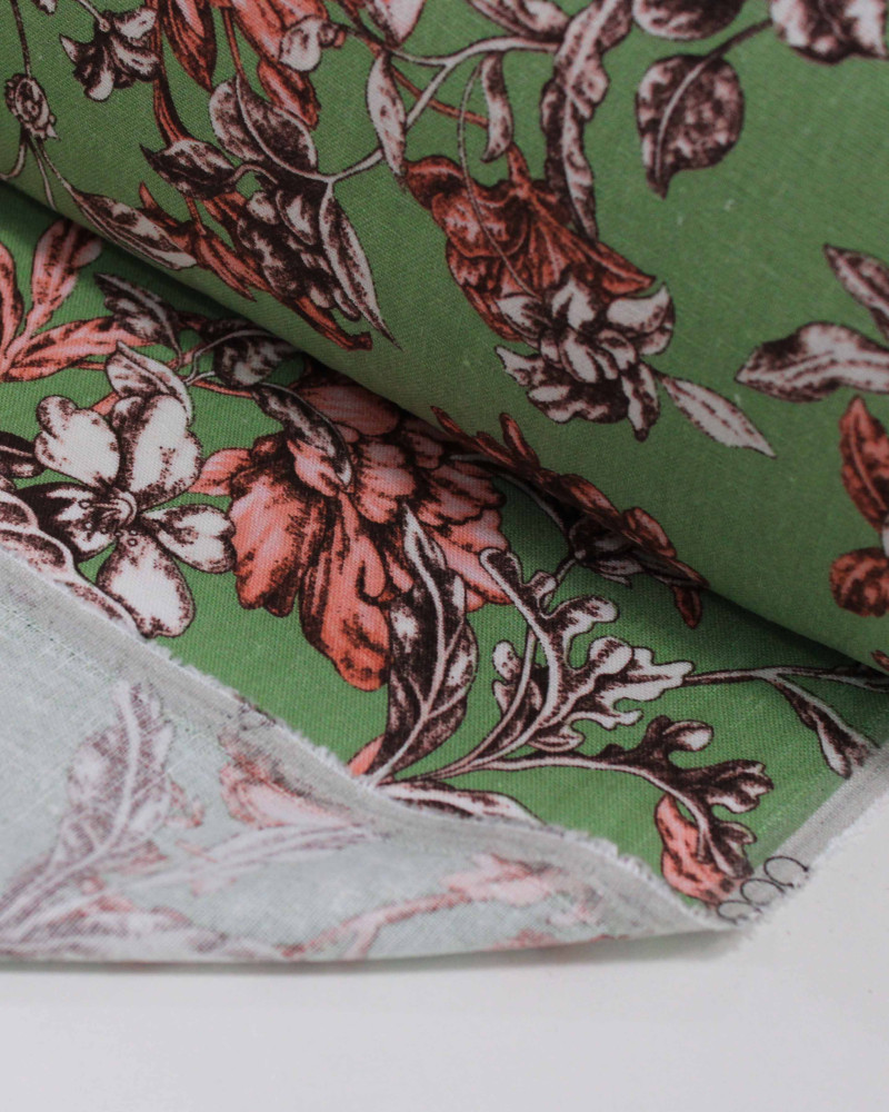Tecido Linho Misto Estampado Ramos Florais Coral, Bege e Verde