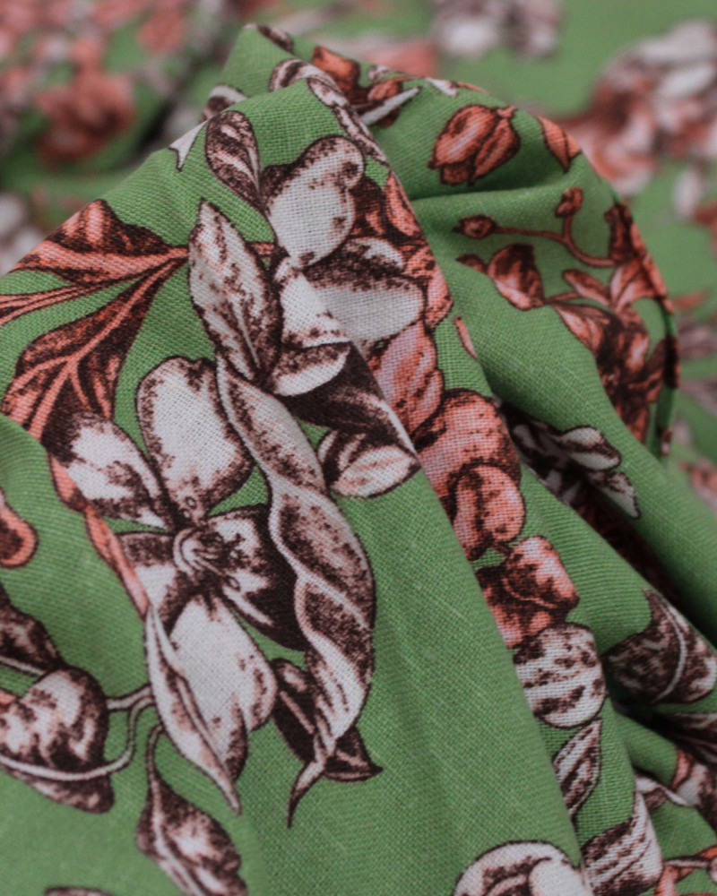 Tecido Linho Misto Estampado Ramos Florais Coral, Bege e Verde