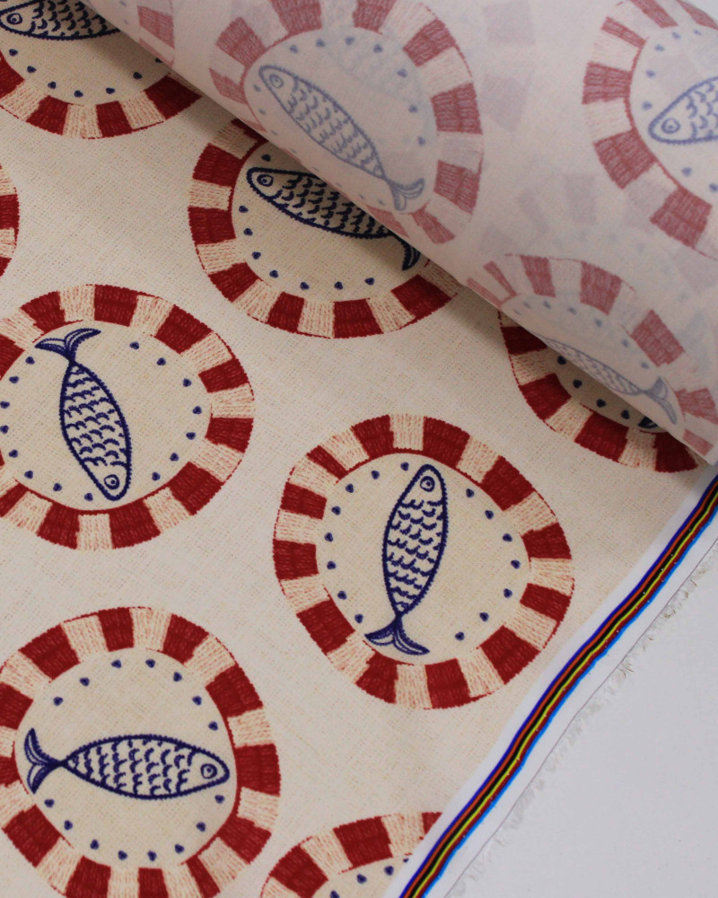 Tecido Viscose Premium Sardine em Círculos Azul, Vermelho e Bege