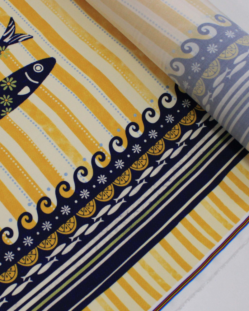 Tecido Viscose Premium Barrado Sardines Estampadas e Listras Verticais Azul, Amarelo e Creme