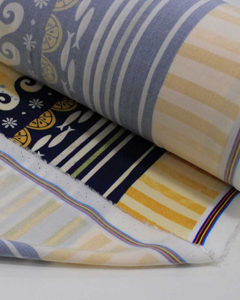 Tecido Viscose Premium Barrado Sardines Estampadas e Listras Verticais Azul, Amarelo e Creme