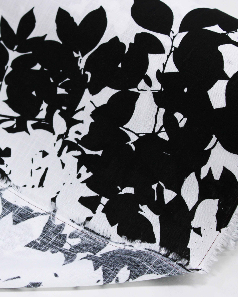 Tecido Viscose Texturizada Ramos e Folhas P/B