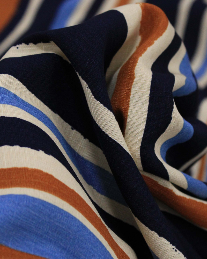 Tecido Viscose Texturizada Multi Listras Bege, Caramelo e Tons de Azul