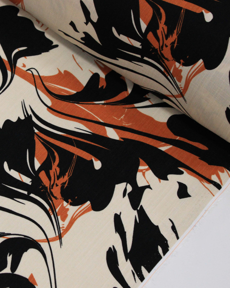 Tecido Viscose Texturizada Pintura Abstrata Terracota, Preto e Bege
