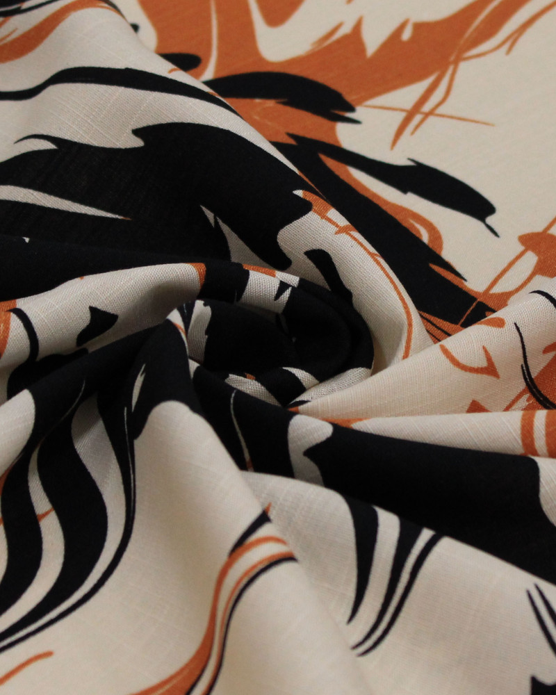 Tecido Viscose Texturizada Pintura Abstrata Terracota, Preto e Bege