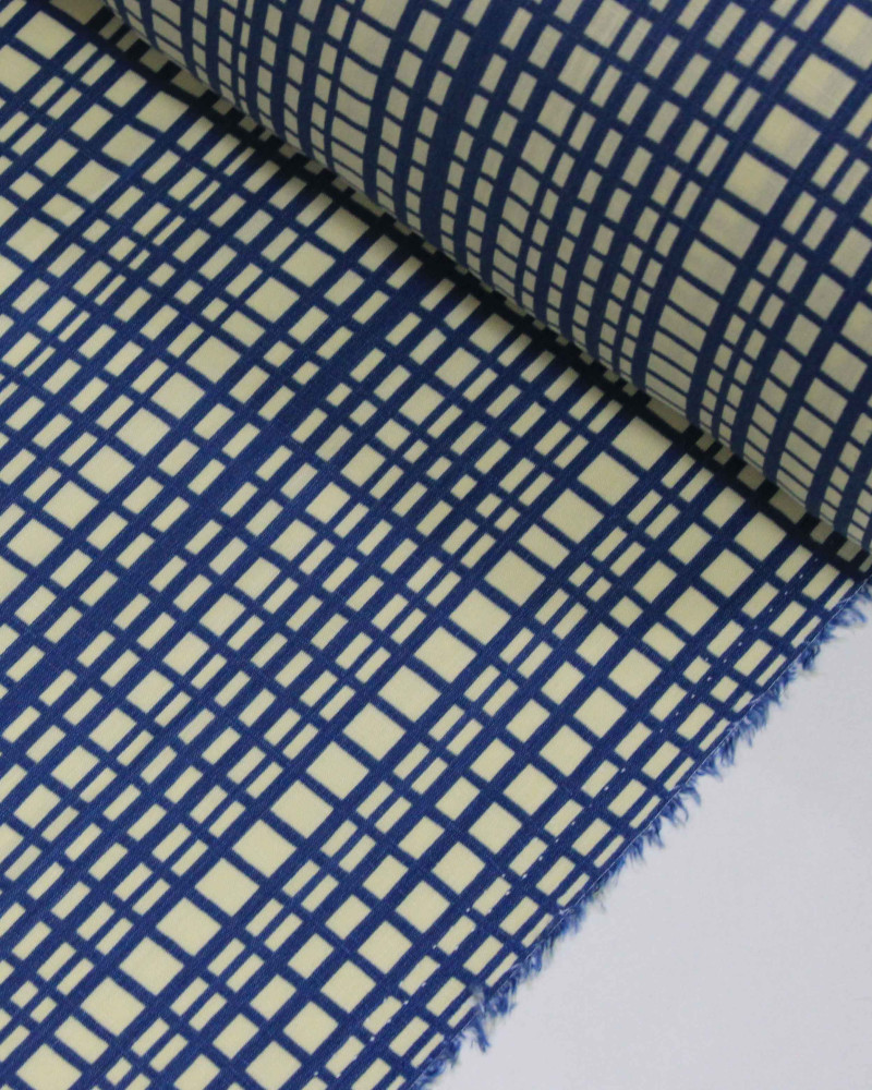 Tecido Viscose Texturizada Quadriculados Irregulares Azul e Creme