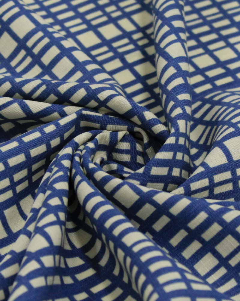 Tecido Viscose Texturizada Quadriculados Irregulares Azul e Creme
