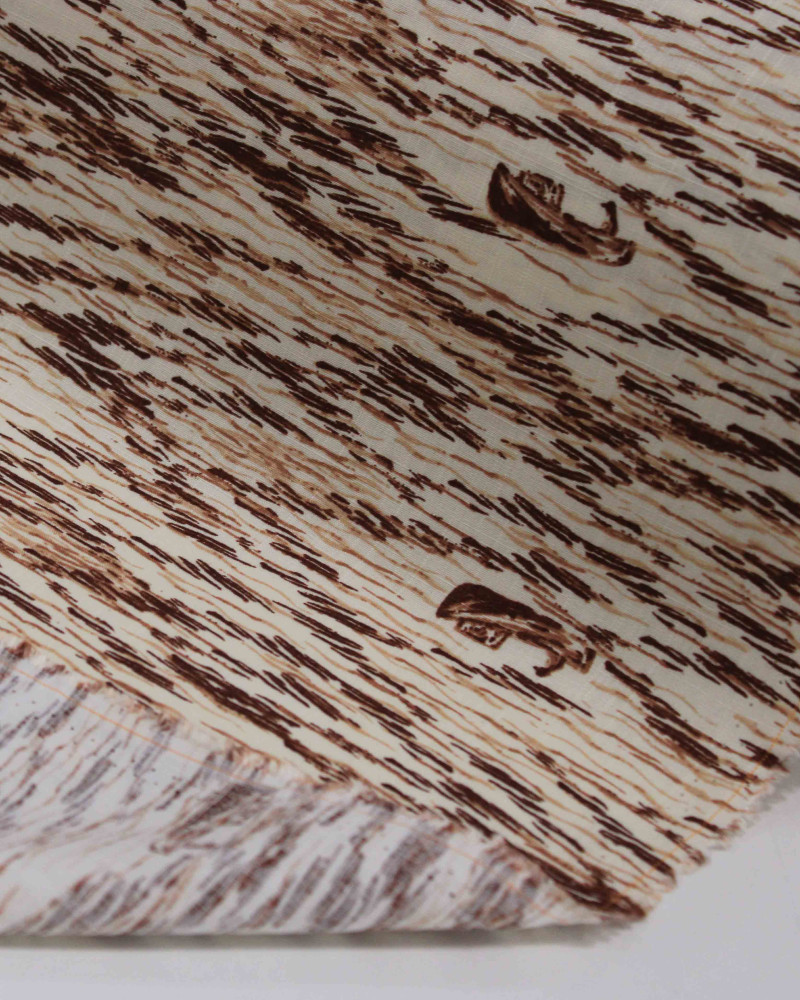 Tecido Viscose Texturizada Barcos e Mar em Riscos Tons de Marrom e Bege