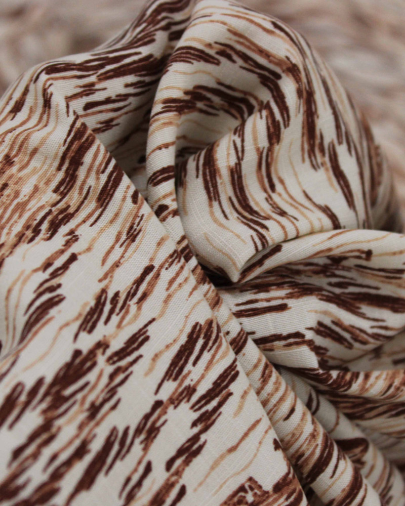 Tecido Viscose Texturizada Barcos e Mar em Riscos Tons de Marrom e Bege