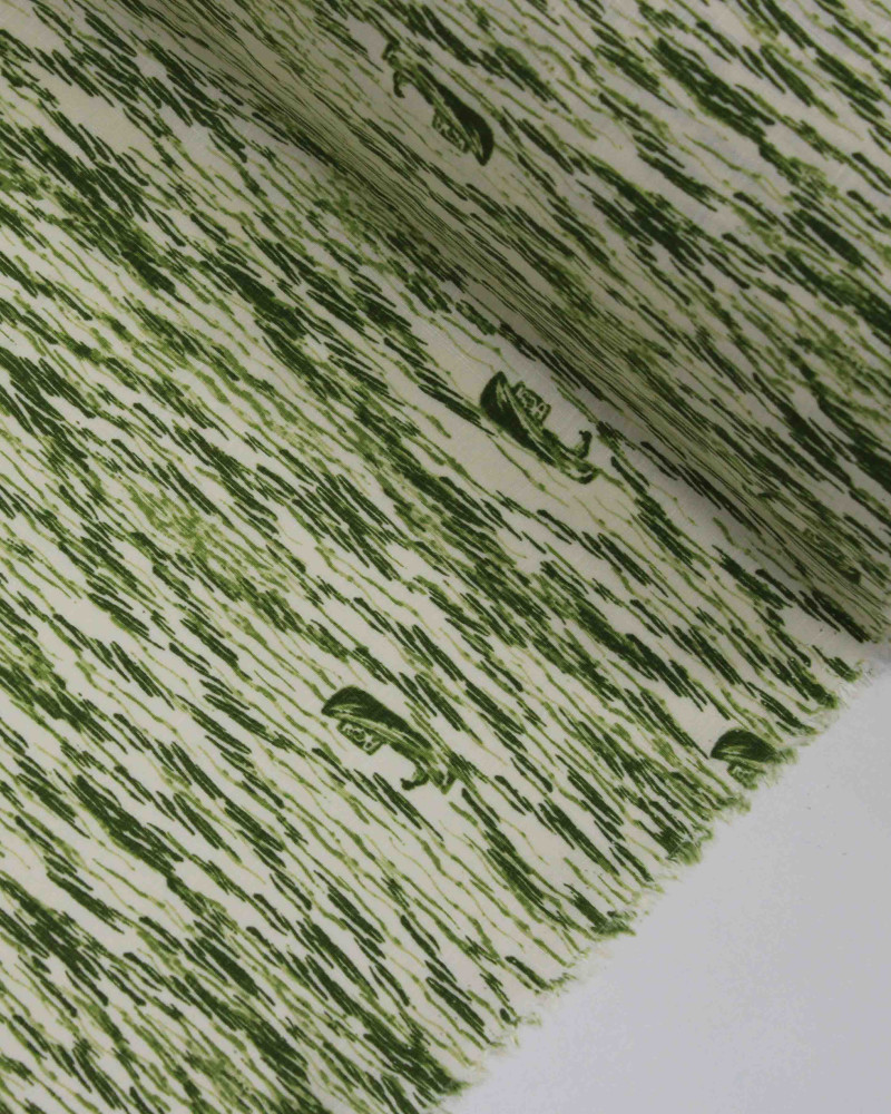 Tecido Viscose Texturizada Barcos e Mar em Riscos Tons de Verde e Offwhite
