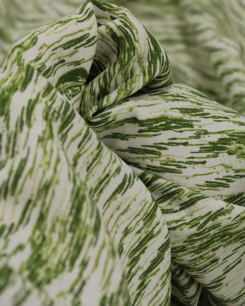 Tecido Viscose Texturizada Barcos e Mar em Riscos Tons de Verde e Offwhite