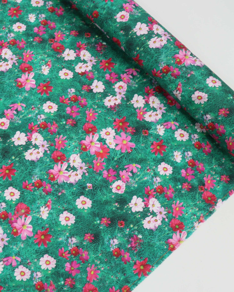 Tecido Alfaiataria de Viscose Italiano Campo Floral Tons de Rosa e Verde