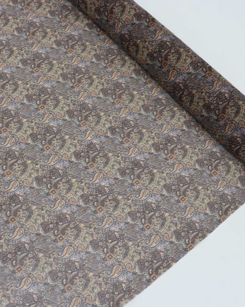 Tecido Crepe Chiffon Texturizado Italiano com Lurex Micro Paisley Dourado e Marrom