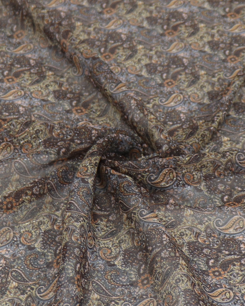 Tecido Crepe Chiffon Texturizado Italiano com Lurex Micro Paisley Dourado e Marrom
