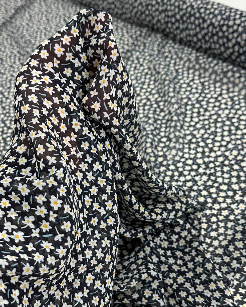 Tecido Crepe Chiffon Texturizado Italiano Micro Tapete Floral Amarelo, Branco e Preto