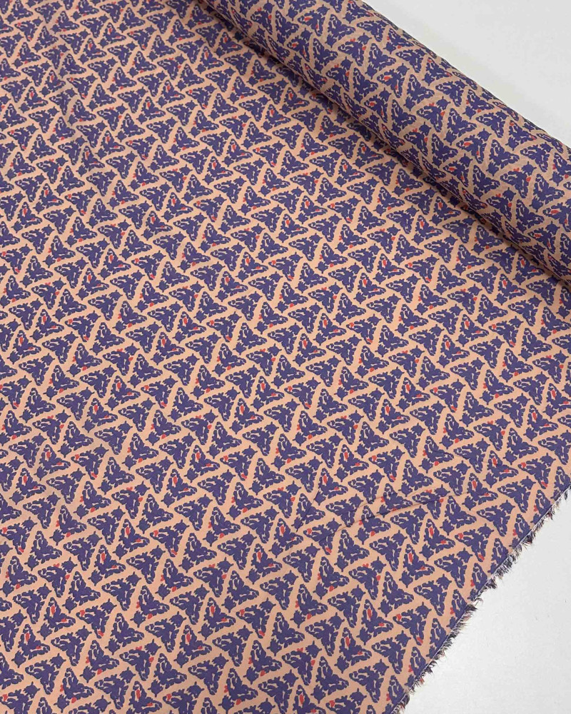 Tecido Crepe de Seda Mariposas Abstratas Azul e Rosé