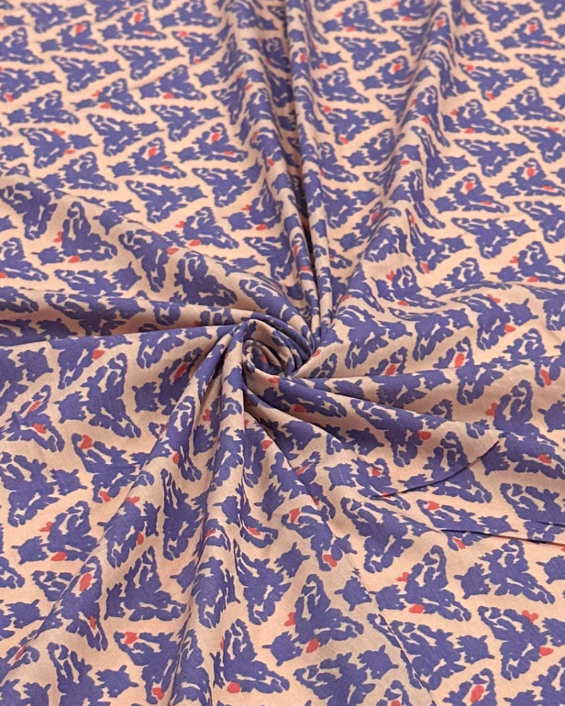 Tecido Crepe de Seda Mariposas Abstratas Azul e Rosé