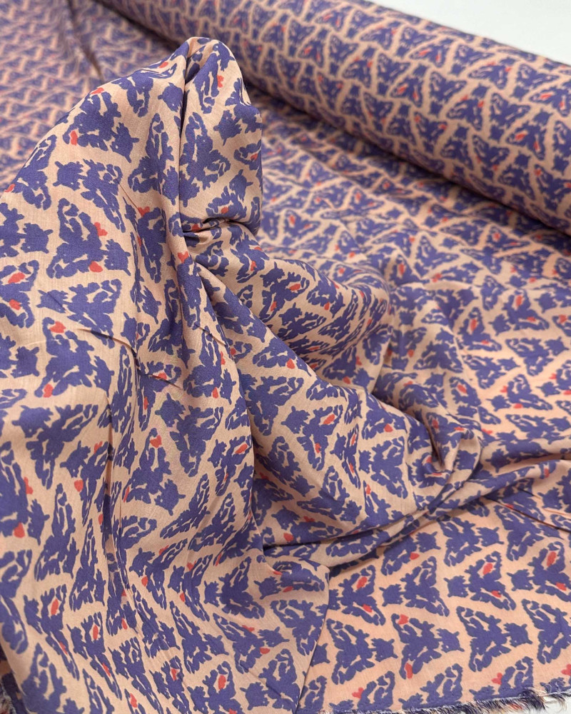 Tecido Crepe de Seda Mariposas Abstratas Azul e Rosé