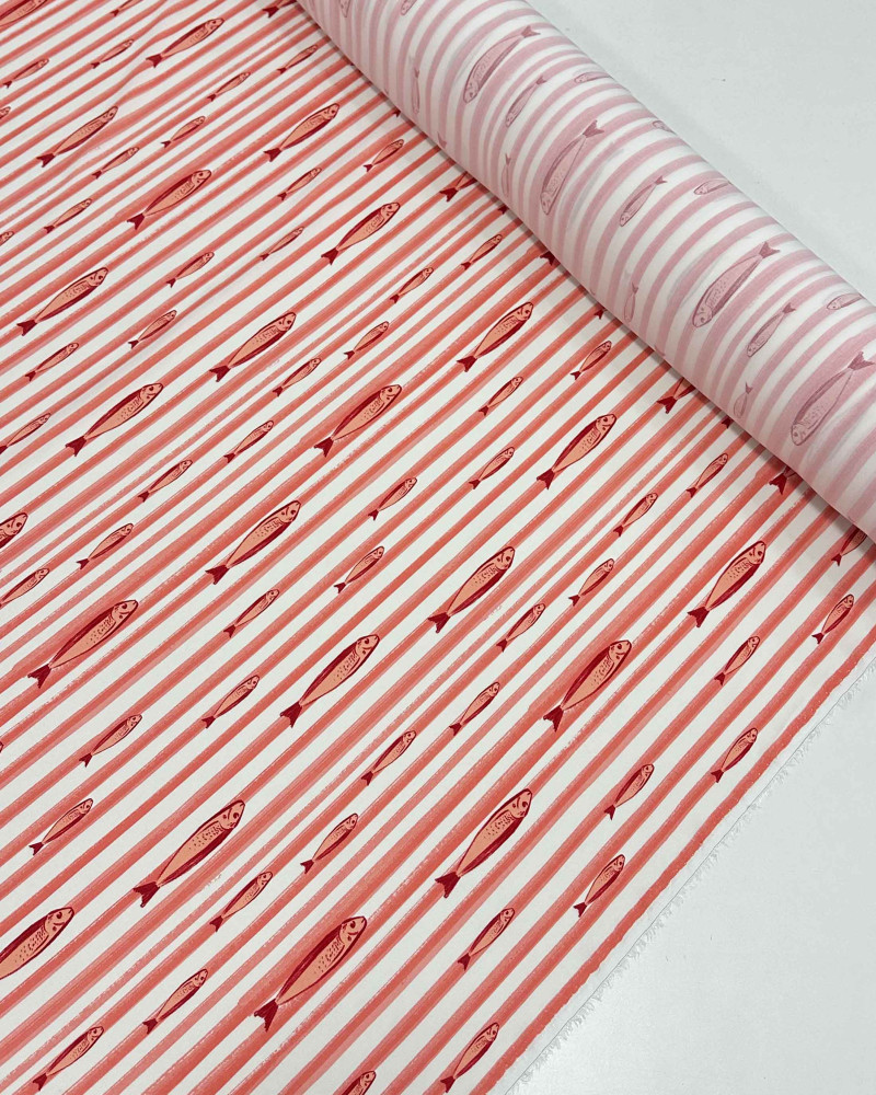 Tecido Viscose Premium Sardine em Listras Coral e Branco