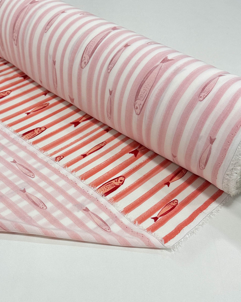 Tecido Viscose Premium Sardine em Listras Coral e Branco
