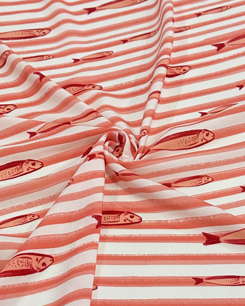 Tecido Viscose Premium Sardine em Listras Coral e Branco