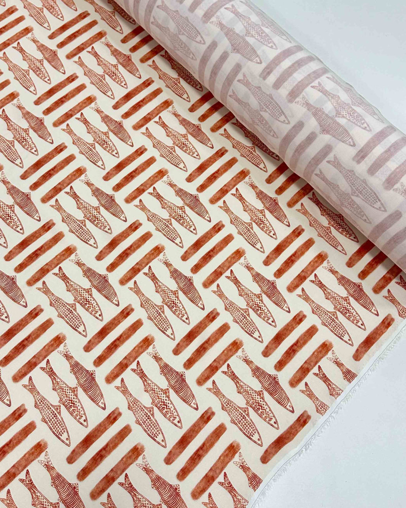 Tecido Viscose Premium Sardine Estampada Terracota e Creme