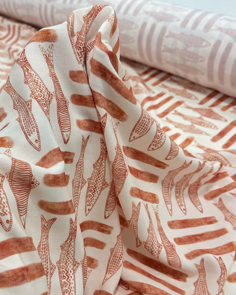 Tecido Viscose Premium Sardine Estampada Terracota e Creme (0.5m)
