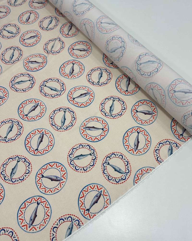Tecido Viscose Premium Sardine em Círculos Vermelho, Azul e Lichia
