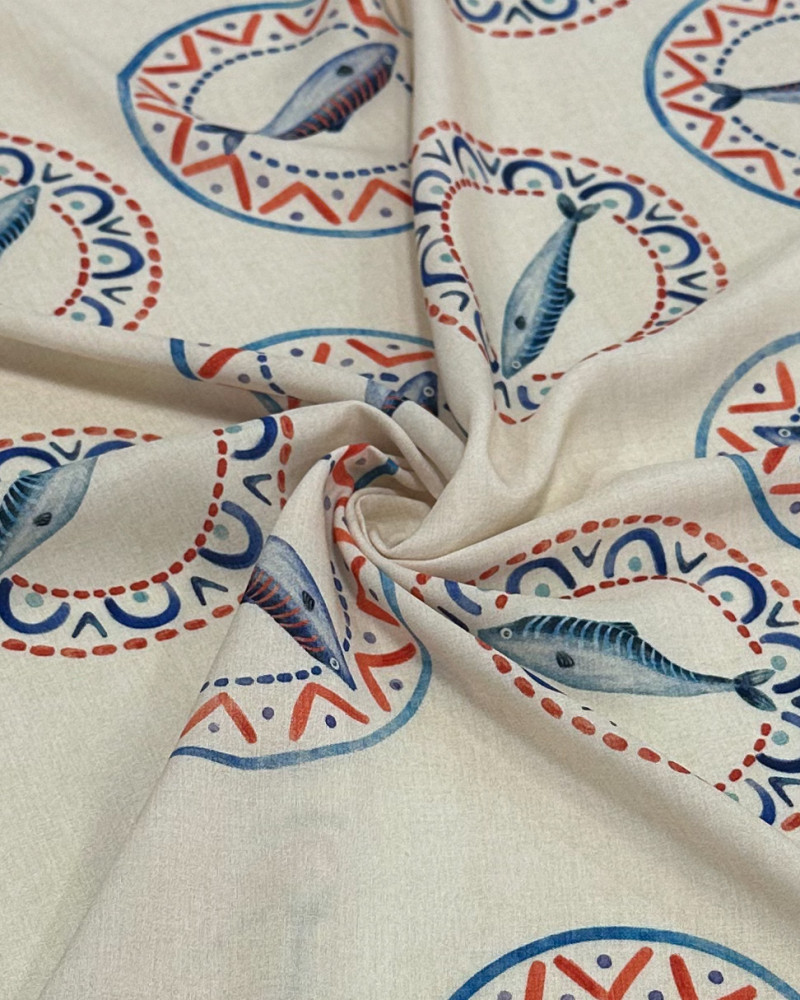 Tecido Viscose Premium Sardine em Círculos Vermelho, Azul e Lichia
