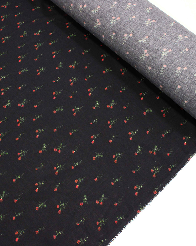 Tecido Cambraia com Algodão Micro Rosas Verde, Vermelho e Preto