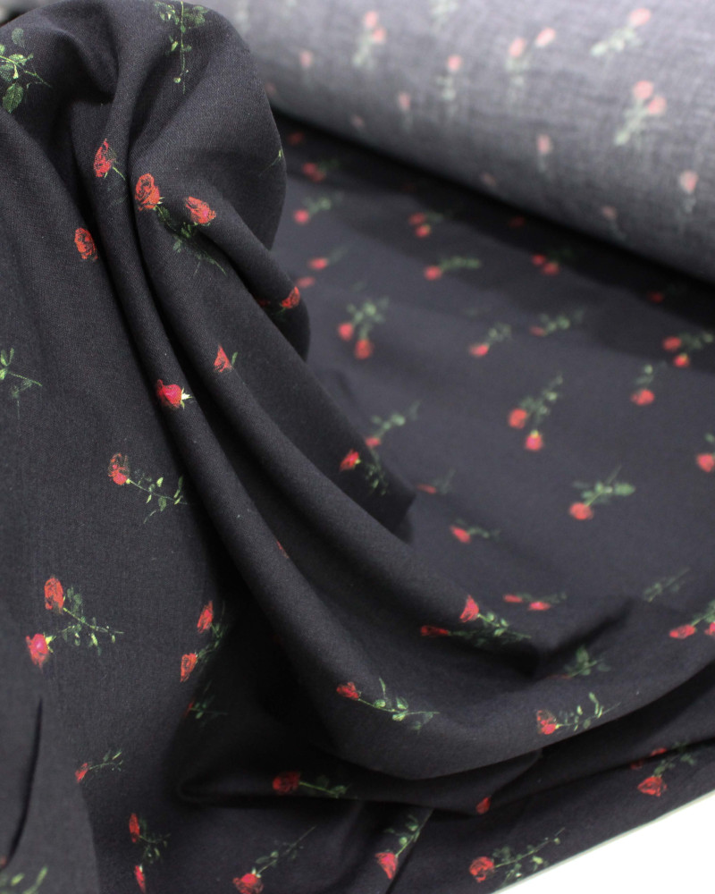 Tecido Cambraia com Algodão Micro Rosas Verde, Vermelho e Preto