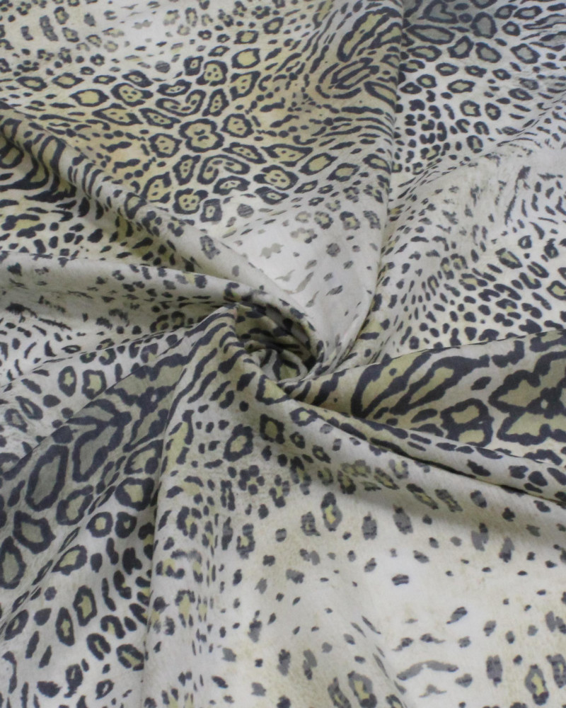 Tecido Crepe de Seda Mista Animal Print em Barras Cinza e Amarelo