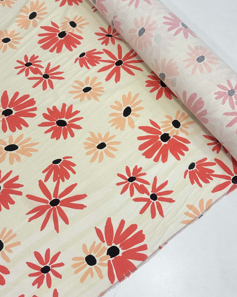 Tecido Linho Misto Tapete Floral Salmão, Coral e Creme