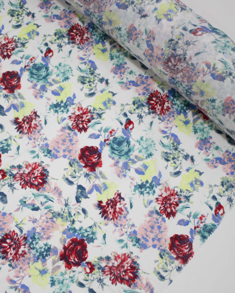 Teido Seda Mista Campo Floral Colorido e Branco