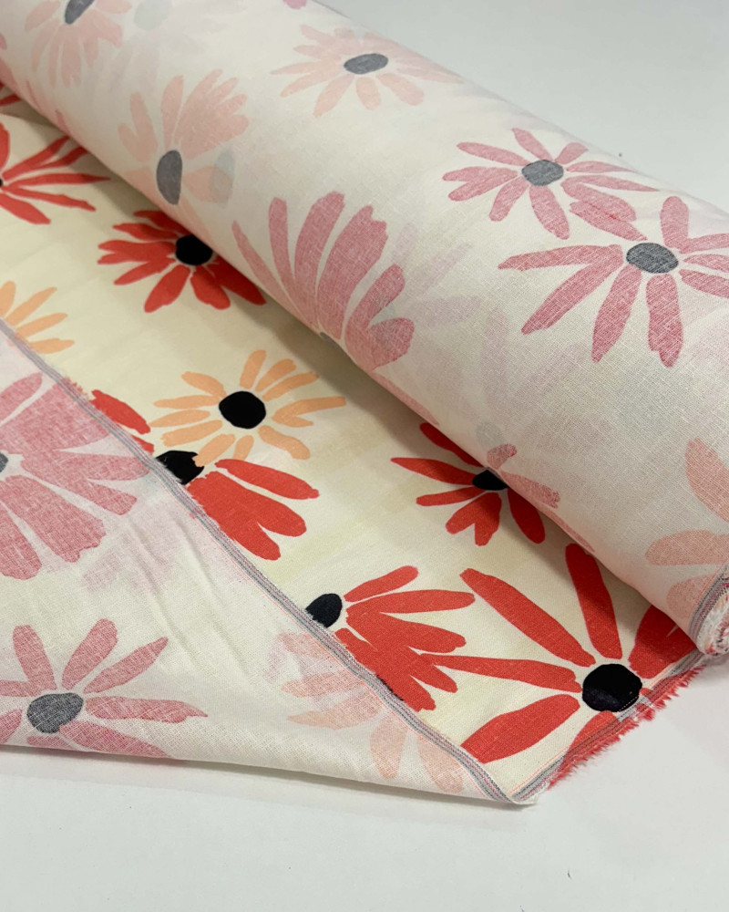 Tecido Linho Misto Tapete Floral Salmão, Coral e Creme