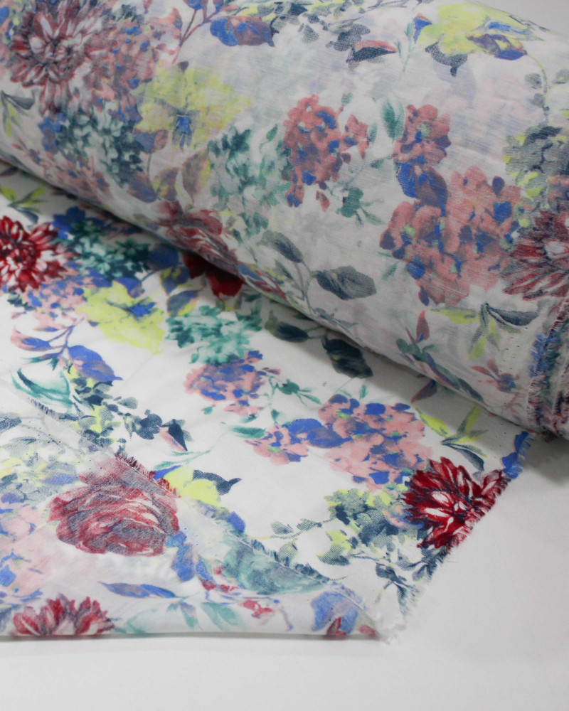 Teido Seda Mista Campo Floral Colorido e Branco