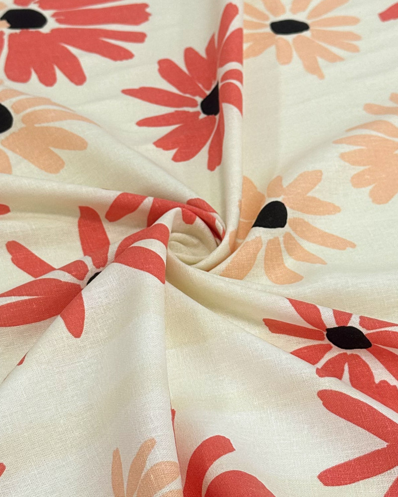 Tecido Linho Misto Tapete Floral Salmão, Coral e Creme