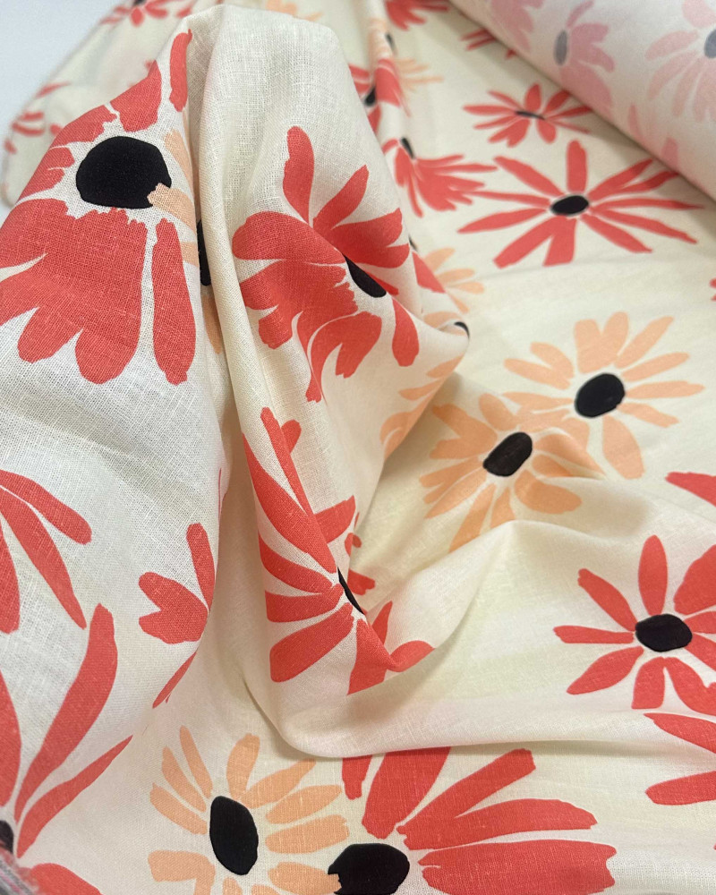 Tecido Linho Misto Tapete Floral Salmão, Coral e Creme