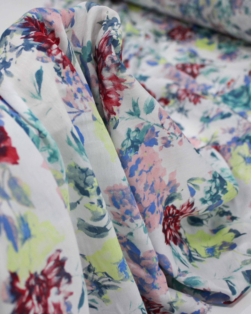 Teido Seda Mista Campo Floral Colorido e Branco