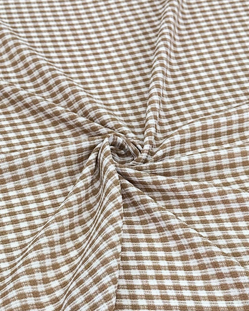 Tecido Crepe de Alfaiataria Qaudriculado Branco e Caramelo