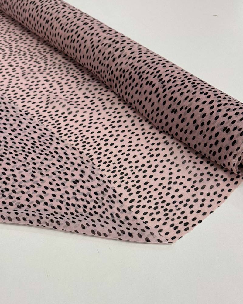Tecido Crepe Chiffon Italiano Pingos Irregulares Preto e Rosa Chá