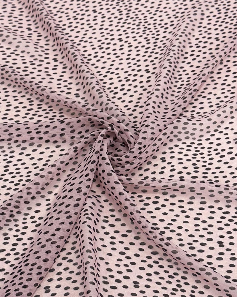 Tecido Crepe Chiffon Italiano Pingos Irregulares Preto e Rosa Chá