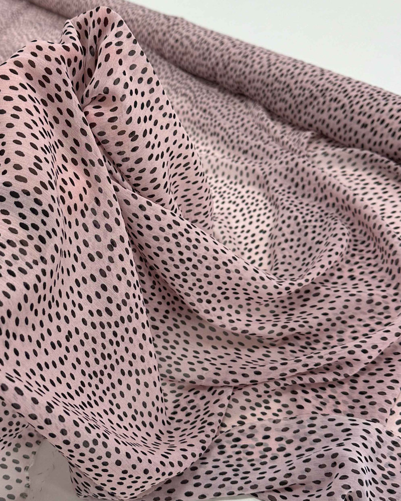 Tecido Crepe Chiffon Italiano Pingos Irregulares Preto e Rosa Chá