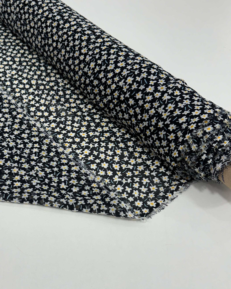 Tecido Crepe Chiffon Texturizado Italiano Micro Tapete Floral Amarelo, Branco e Preto