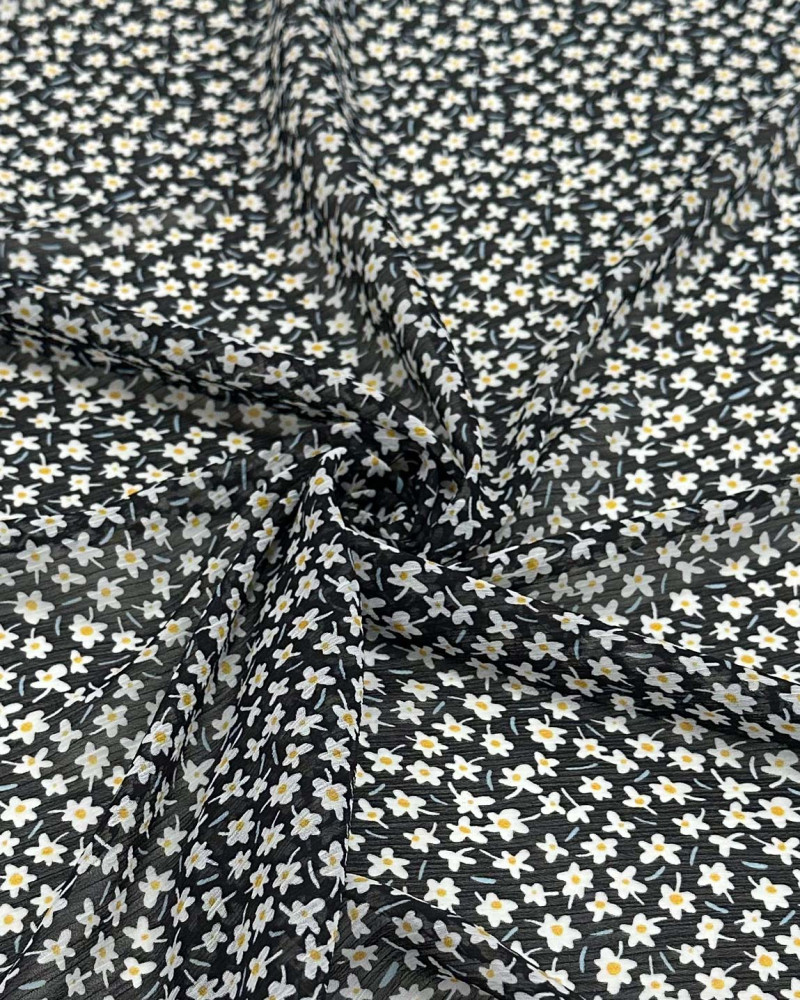 Tecido Crepe Chiffon Texturizado Italiano Micro Tapete Floral Amarelo, Branco e Preto