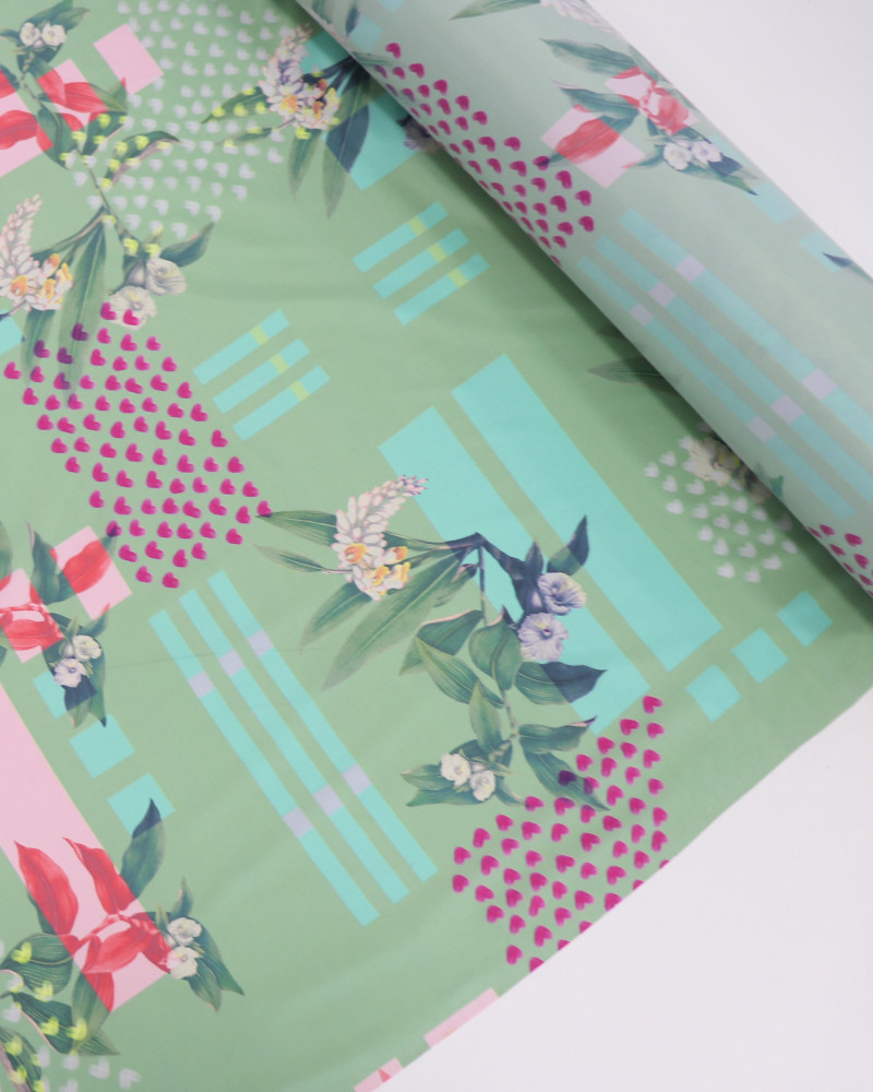 Tecido Tactel Fino Corações Flores, Formas Geométricas Colorida e Verde (1.5m)